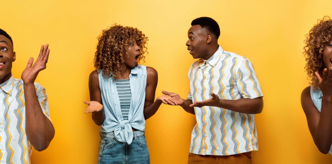collage of emotional african american couple on yellow background