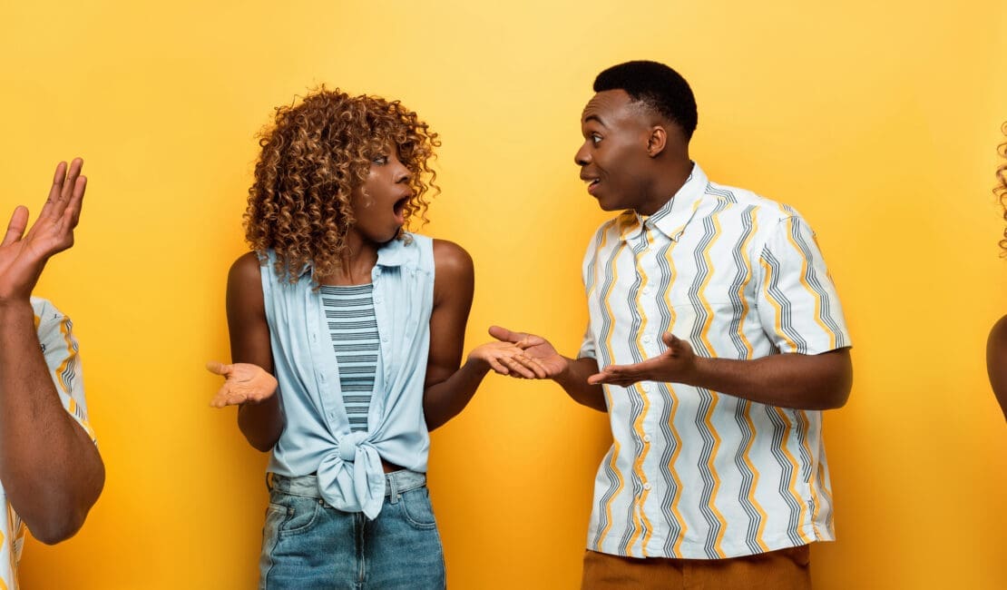 collage of emotional african american couple on yellow background