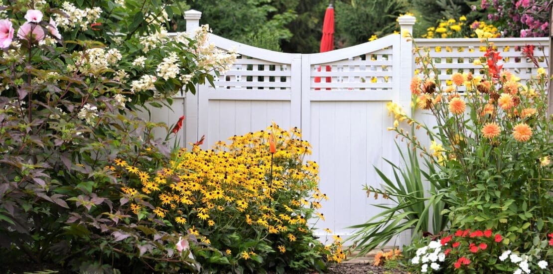 colorful flower garden against a white fence